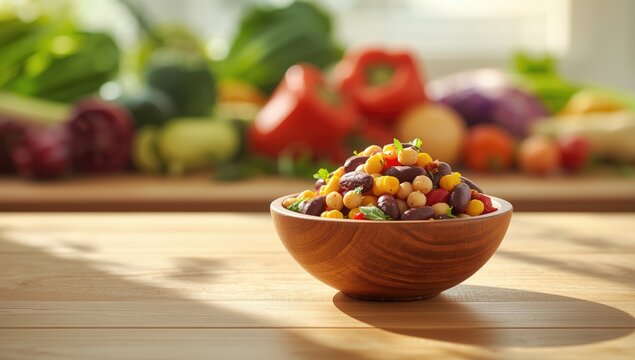Three bean and corn salad with chili on a plate, highlighting plant-based protein sources for dietary balance, World Vegetarian Day