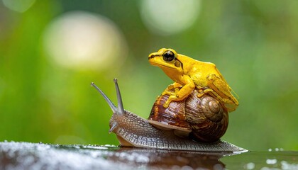 Bright Yellow Frog Rides On Snail's Shell Outdoors In Nature With Green Blurred Background Detailed Macro Photography