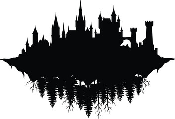 Obraz premium Fantasy castle silhouette with floating island, medieval towers, forest roots and magical fairytale landscape, black and white illustration