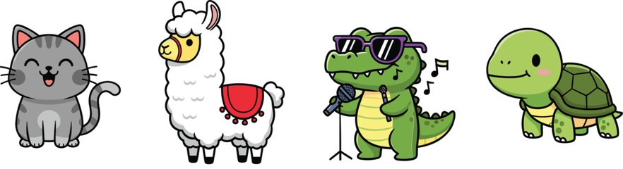 Obraz premium Cute animal character set with smiling cat, llama, singing crocodile, and turtle in kawaii cartoon style