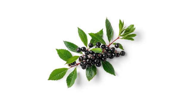 Single elderberry branch on white background designed as a health-focused food component highlighting natural seasonal harvest, summer and autumn