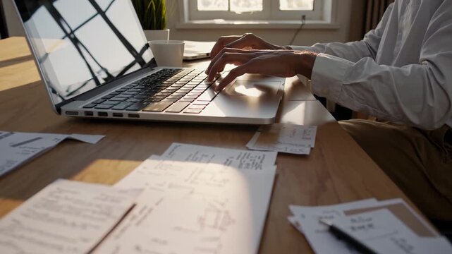 Typing reports diligently, Quiet office environment with focused financial analysis activities, Individual engaged in detailed business evaluation amidst reports and digital tools near sunny window