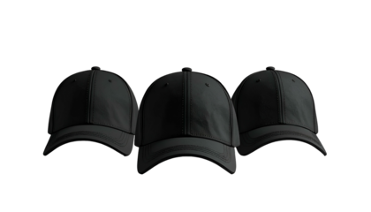 Three black baseball caps isolated against a black background, slightly angled, shadow