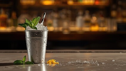 Beverage featuring mint leaves, crushed ice, and bourbon in a glass, highlighting cocktail serving, summer refreshment, Memorial Day
