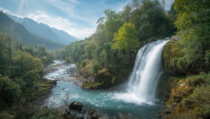 Waterfalls surge down mossy rocks into a rugged valley, highlighting seasonal erosion and water flow dynamics