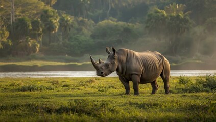 Obraz premium One horned rhinoceros vocalizing at Jaldapara Wildlife Sanctuary, highlighting species communication