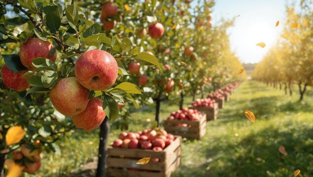 Crates of ripe apples and trees laden with fruit in orchard, highlighting fruit harvesting activities, World Agriculture Day - Powered by Adobe