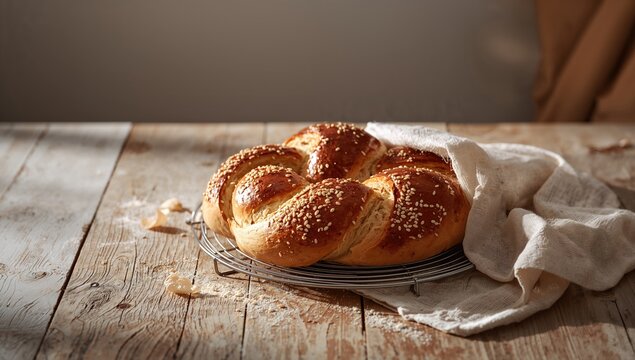 Traditional Challah bread with sesame and poppy seed topping, used in cultural celebrations, with a white cloth cover