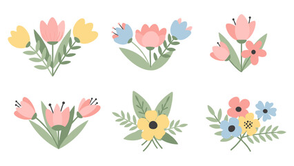 Fototapeta premium Minimalist pastel floral elements with delicate blooms and leaves for decorative designs