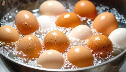 Brown and White Eggs Simmering in Boiling Water Creating Bubbles and Steam Inside a Stainless Steel Pot