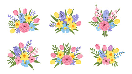 Fototapeta premium Colorful spring flower bouquets collection with tulips and daffodils