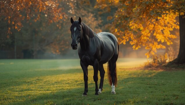 Close-up of a dark horse with a shiny coat and alert expression, highlighting equine health and vitality, World Animal Day