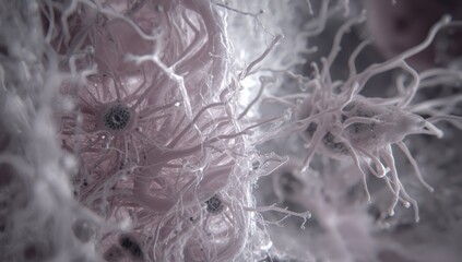 Close-up view of cerebellar cortex showing basket cell axons and climbing fibers enveloping Purkinje cells, neuroscience research