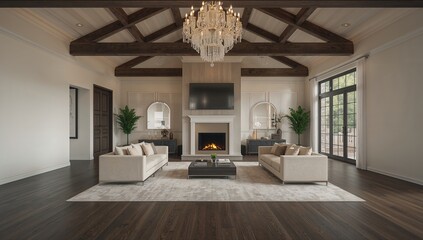 Elegant living space featuring high ceilings with wooden beams, fireplace, and sophisticated decor, interior architecture