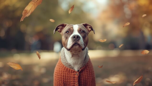 Alert Pit Bull with distinctive markings in a fashionable sweater looks up, emphasizing pet apparel, National Pet Day