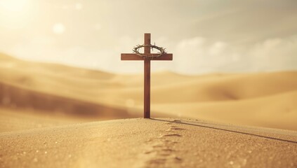 Religious scene with crown of thorns and wooden cross on sandy ground, Holy Week