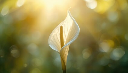 Anthurium flower opening in morning light on soft bokeh backdrop, highlighting botanical growth