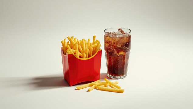 Fast food items, cola and french fries, used as a quick meal setting