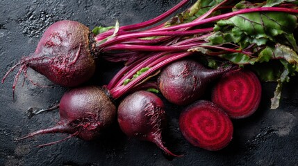 A collection of whole and sliced organic beetroots with vibrant greens on a dark textured surface, showcasing fresh and healthy produce.
