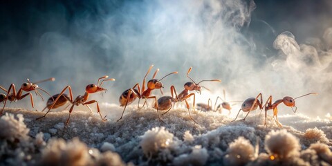 Fototapeta premium A determined colony of small insects navigates a textured landscape amidst a gentle atmospheric haze, showcasing their intricate forms and purposeful movement