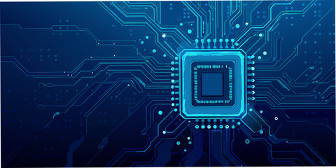 Abstract blue circuit board with central microchip and connecting pathways
