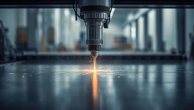 Industrial CNC water jet cutter performing metal fabrication, focusing on efficiency and maintenance