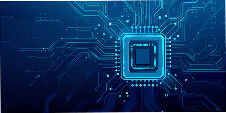 Abstract blue circuit board with central microchip and connecting pathways