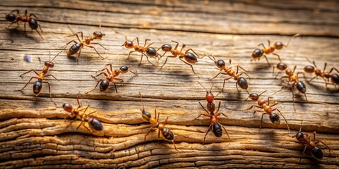 Tiny insects marching in unison across weathered wood, showcasing nature's persistence and organized movement