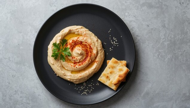 Chickpea hummus with spices and flat bread arranged on a black plate, used as a food styling backdrop