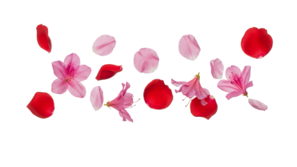 Scattered azalea flowers and petals on a white background