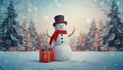 Obraz premium Snowmen with gift bags in a snowy Christmas scene, highlighting festive outdoor display