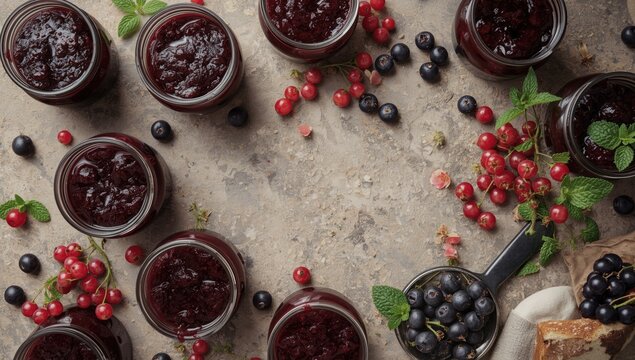 Homemade blackcurrant jam made from fresh berries on a rustic stone surface, emphasizing food preservation