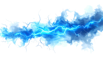 Vivid blue lightning bolt with wisps of surrounding vapor against a pure black backdrop