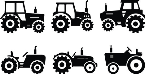 Collection of different tractors silhouette on white background © candysartistry