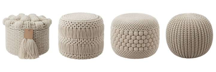 a collection of four cylindrical woven poufs in varying textures and designs presented against a dark backdrop high quality professional