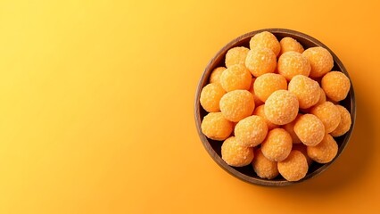 Obraz premium Bowl of Crunchy Orange Cheese Puffs Snacks on a Vibrant Yellow Background