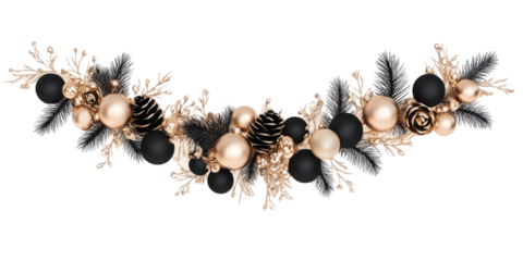 A festive Christmas garland with black and gold ornaments and pine branches.