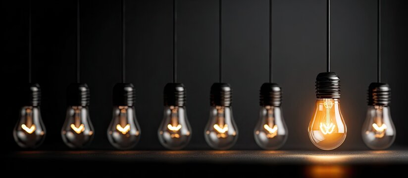 Row of hanging lightbulbs, one brightly lit, against a dark background