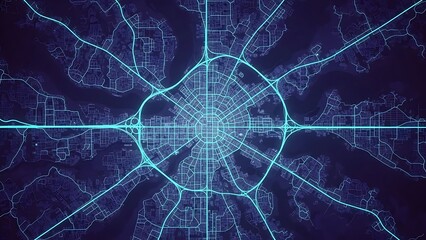 Electric Network Visualization, Abstract Technology Concept, Digital Grid Map, Futuristic Science Illustration, Blue Neon Environment, Top-Down View