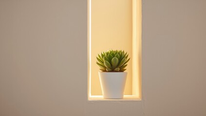 Green succulent in a white flower pot placed on a narrow windowsill alcove bathed in warm sunlight, ideal for lifestyle or home decor layouts