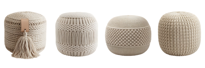 a collection of four neutral toned cylindrical knitted poufs each displaying unique textured designs and a subtle minimalist aesthetic