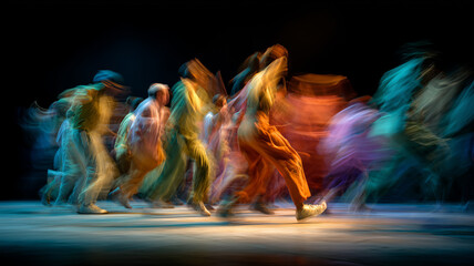 People dance happily, dynamic movements and expressive poses, energetic atmosphere.