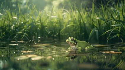Fototapeta premium Frog perched in calm water with lush grass, highlighting amphibian habitat preservation
