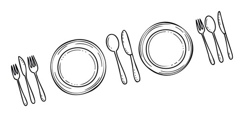 Complete table setting flatware and dinnerware sketch offering a simple visual representation of dining essentials for restaurant menus event invitations or kitchen decor themes