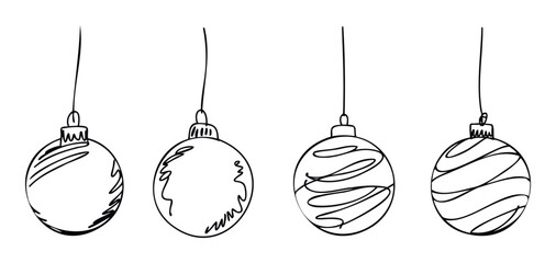Collection of four simple hand drawn style holiday ornaments with abstract line decorations perfect for seasonal greetings, festive event invitations, or winter celebration promotional