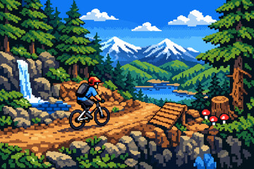 Pixel art adventure: cyclist exploring mountain trails with scenic views and waterfalls