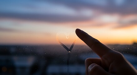 A finger points towards a heart shaped reflection in a window at sunset