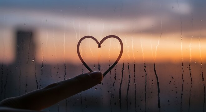A hand draws a heart shape on a rain streaked window at sunset