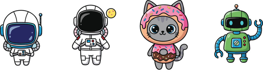 Cute cartoon astronaut cat and robot characters set playful kawaii space technology illustration collection