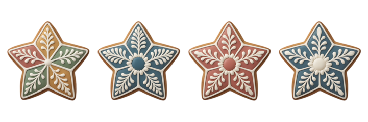 a delightful arrangement of four intricately decorated star shaped gingerbread cookies against a stark black background evoking festive cheer